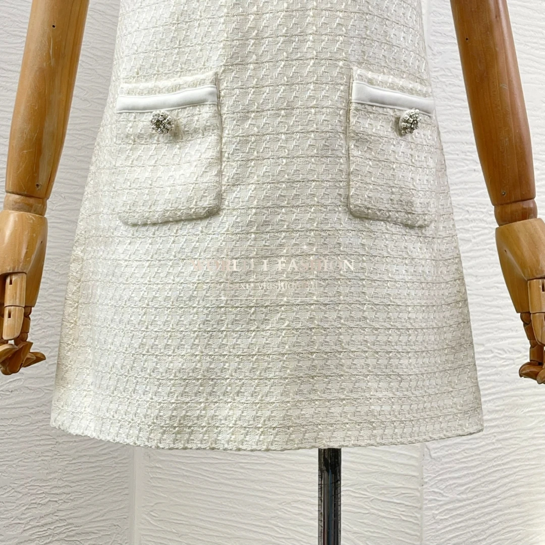 Mini sukienka bez rękawów z tweedem w kolorze kości słoniowej i kokardką 2025 wysokiej jakości