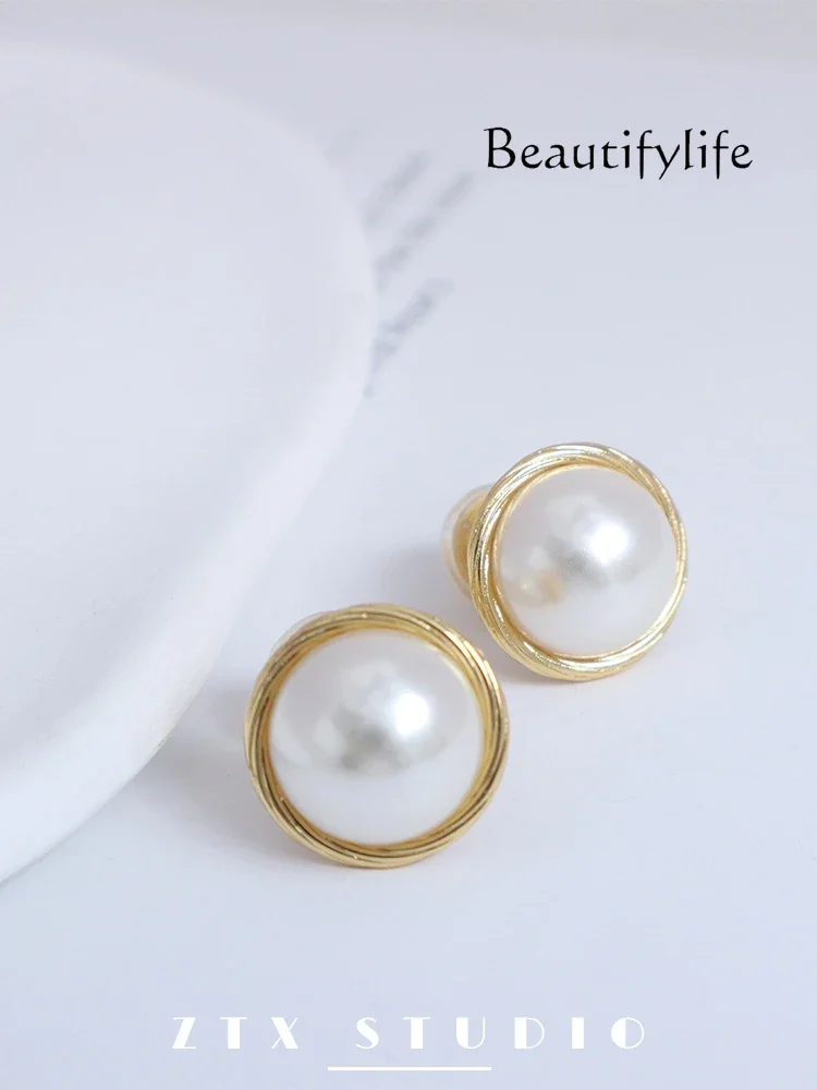 Pearl ear clips without ear holes, women's new simple high-end earrings, retro painless mosquito coil disc clips