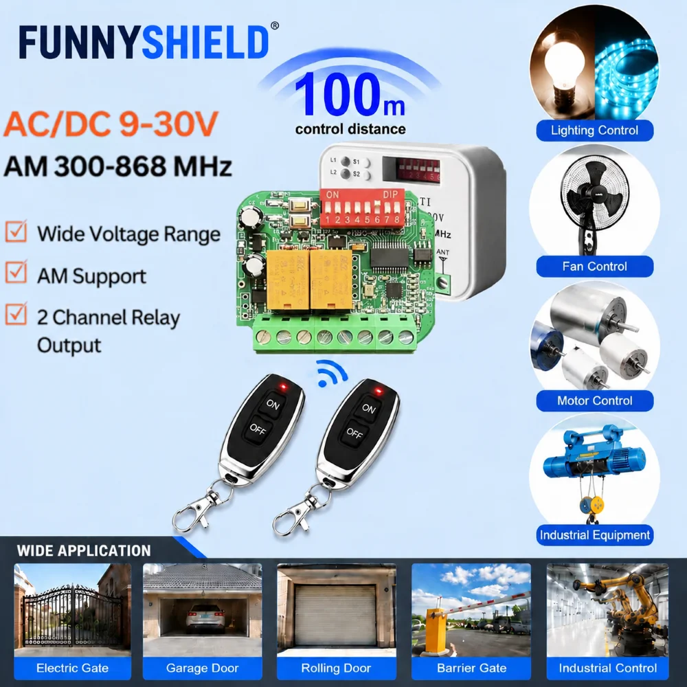 FUNNYSHIELD 300-868MHz 2CH Relay Receiver Remote Control Switch and 433MHz RF Wireless ON OFF Transmitter for LED Garage Door