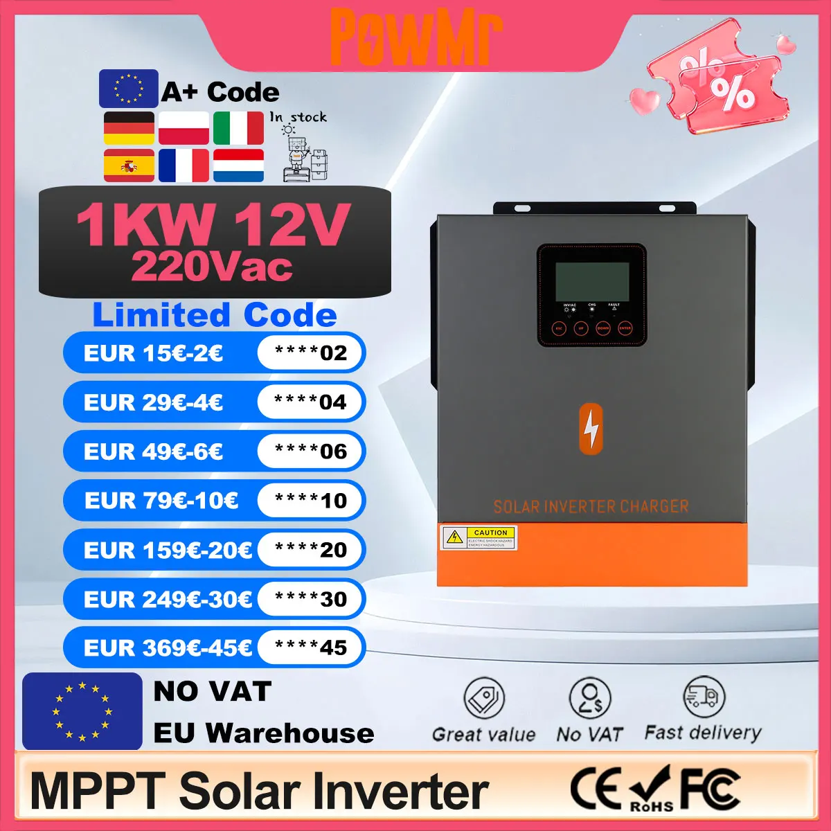 PowMr 1KW EU Hybrid Solar Inverters 12V 220V Pure Sine Wave With MPPT 80A Solar Charge Controller Low Panel Voltage 150V Input