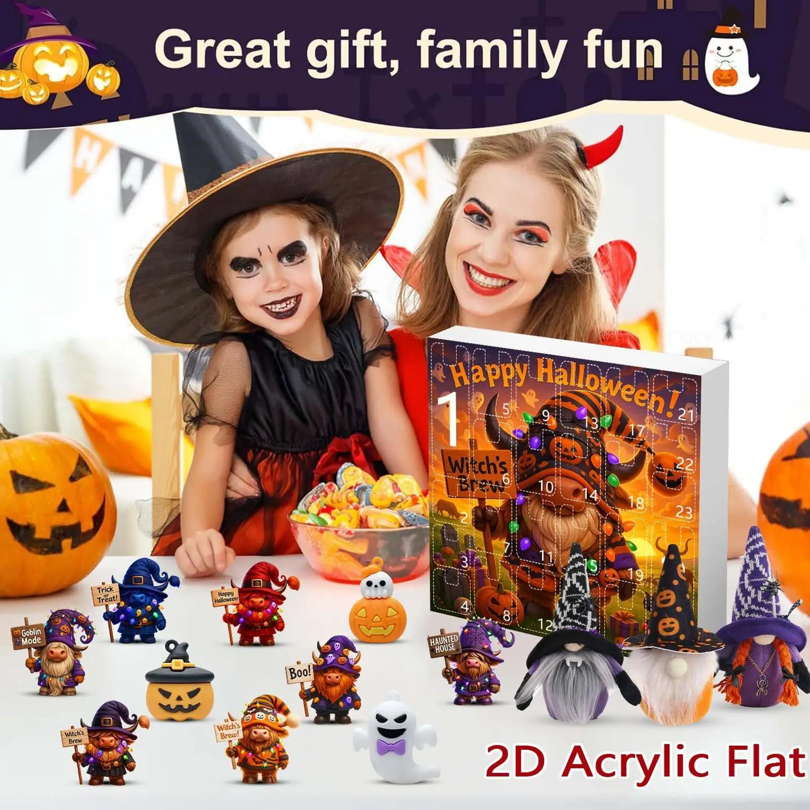 Calendario de cuenta regresiva de gnomo, adorno de gnomo de 24 días, calendario de cuenta regresiva de Halloween, adorno acrílico 2D coleccionable de resina 3D para niños
