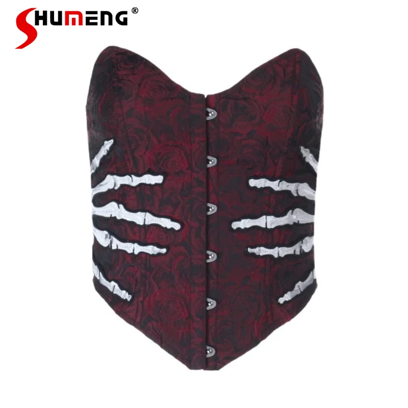 

Halloween Cosplay Costume Red Skull Strapless Tube Top Japanese Dark Black Camisoles Ladies Subculture Puffy Short Mini Skirt