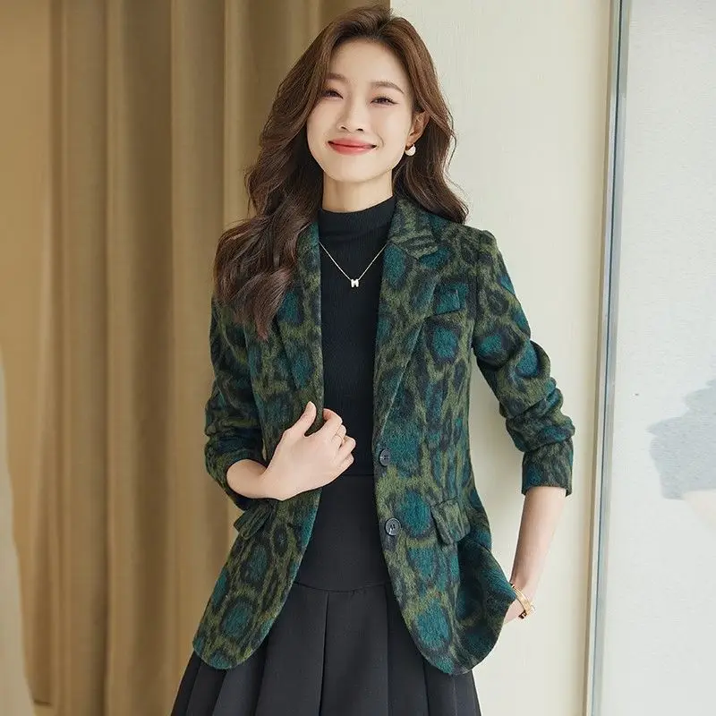 Leopard Print Woolen Suit Jacket for Women New Style with Thickened and High-end Feel Western-style Women's Suit