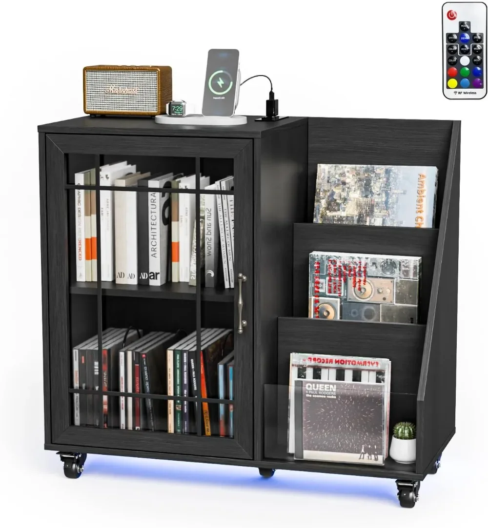 Record Player Stand with Vinyl Storage, Vinyl Record Holder Up to 350 Albums, Record Player Table with LED Lights, Black