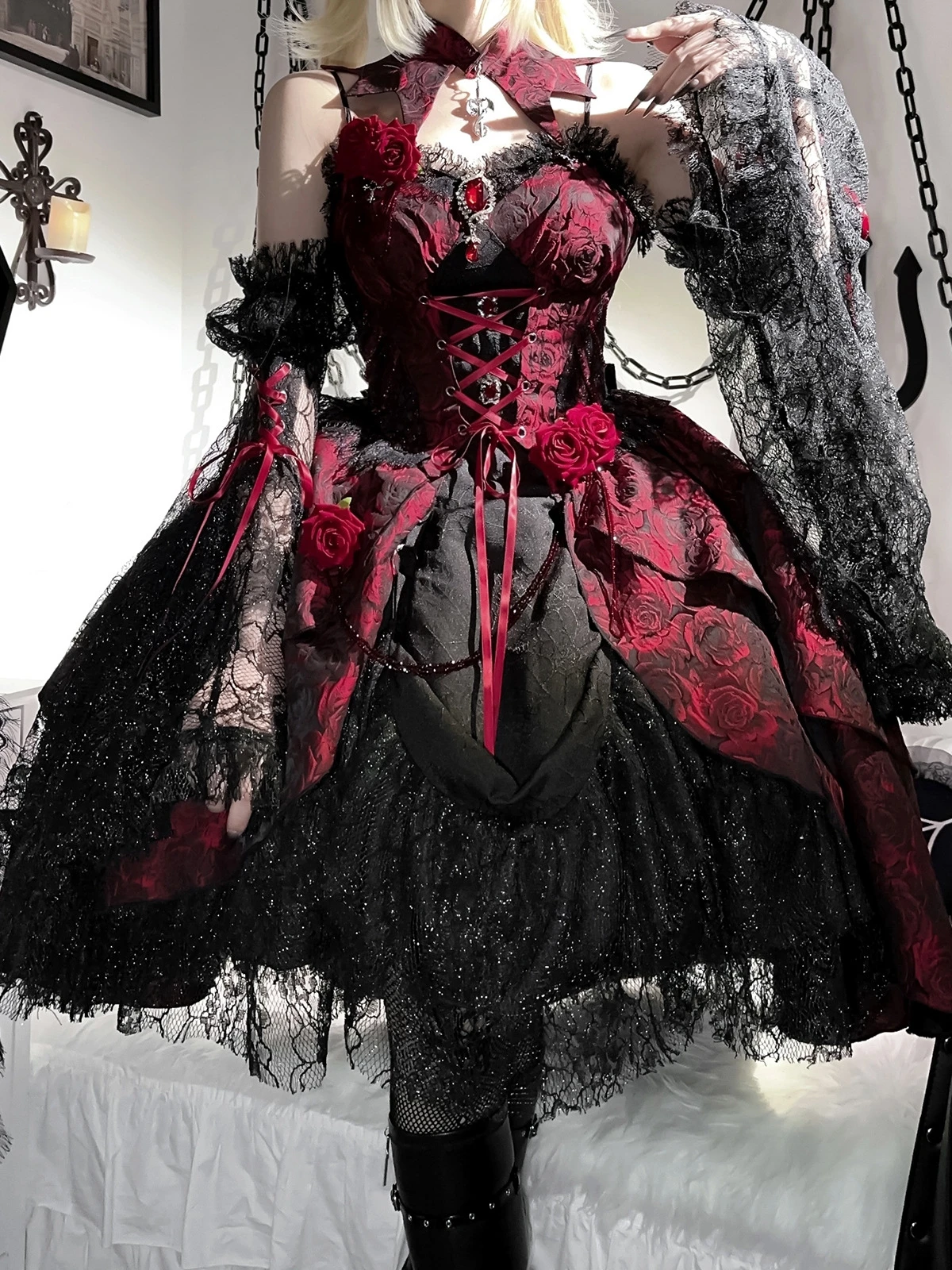 Originale Rose Jsk Lolita Palace Abito rosso nero con cinturino gotico Patch in pizzo Abito estivo Dobby Cake Ball Gown Gonna Vestido