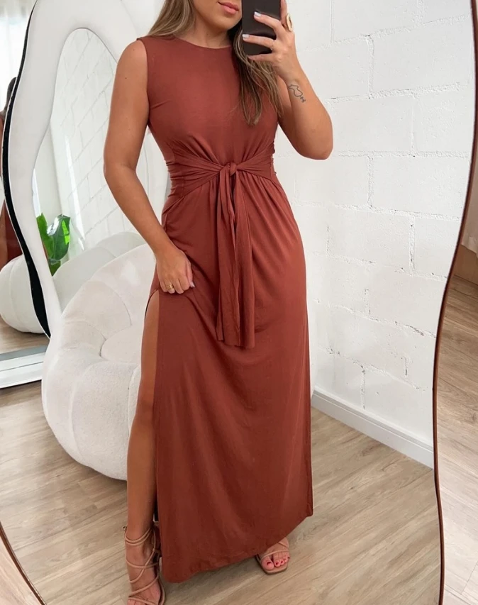 

Elegant Sleeveless Women's Summer Dress 2024 Fashion Casual Lace Up Waist Side Split Elegant Long Dress Elegant Women's Dresses