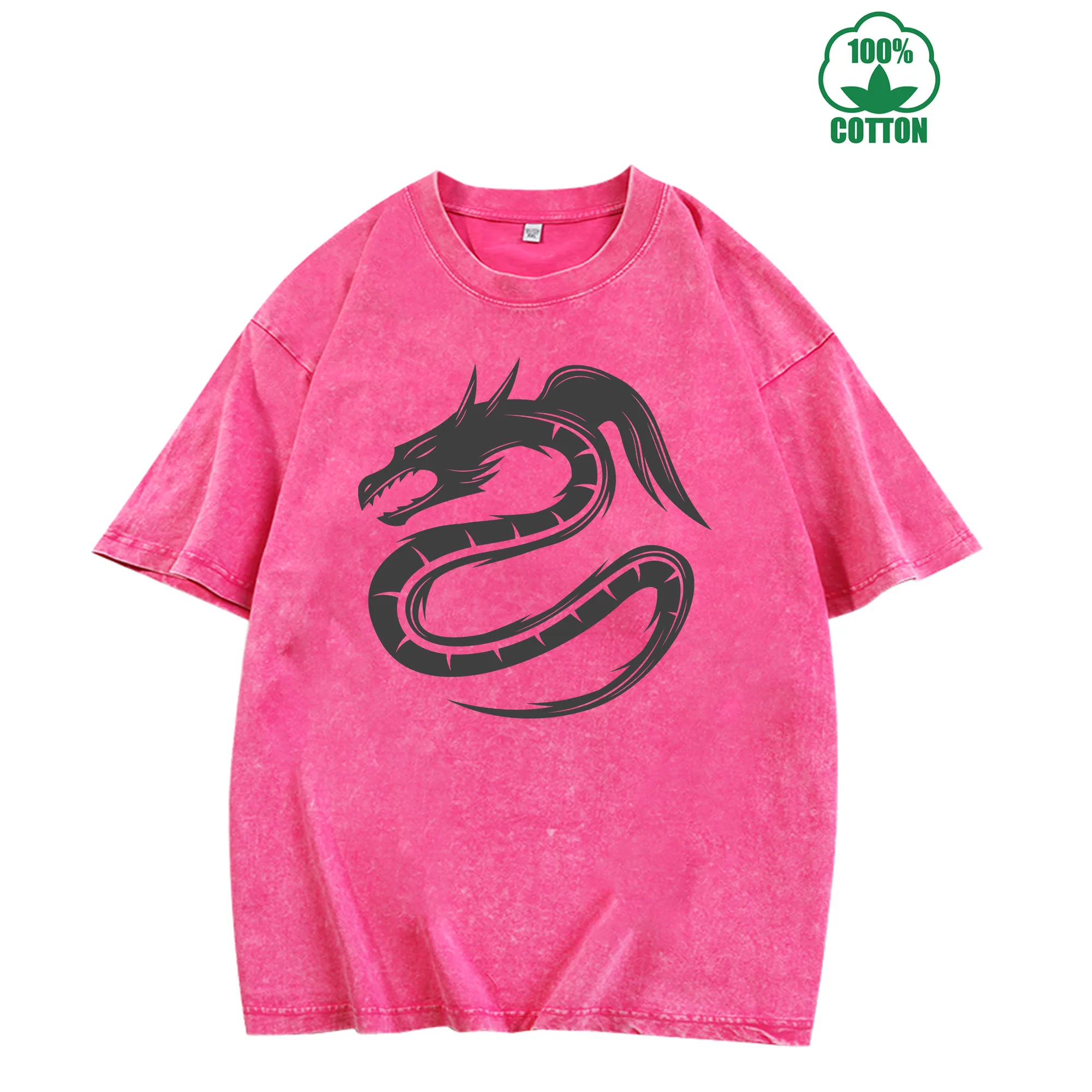 تي شيرت Dragon Totem Vintage مغسول 230 جرام 100% قطن مريح كبير الحجم ملابس الشارع للجنسين