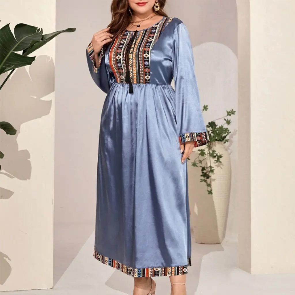 Новое женское элегантное платье больших размеров в стиле ретро с принтом, модное винтажное платье с круглым вырезом и длинными рукавами, доступное на складе