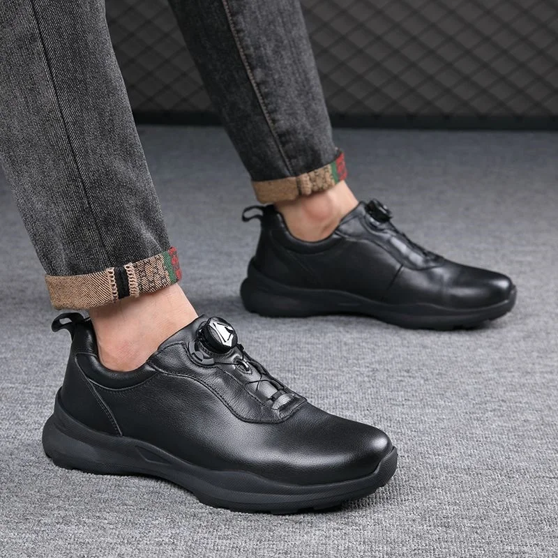 Genuine Leather Shoes Men Luxury Swivel Buckle Cowhide Sneakers Casual Sports Jogging Walking Cold Winter Add Plush Warm Fleece