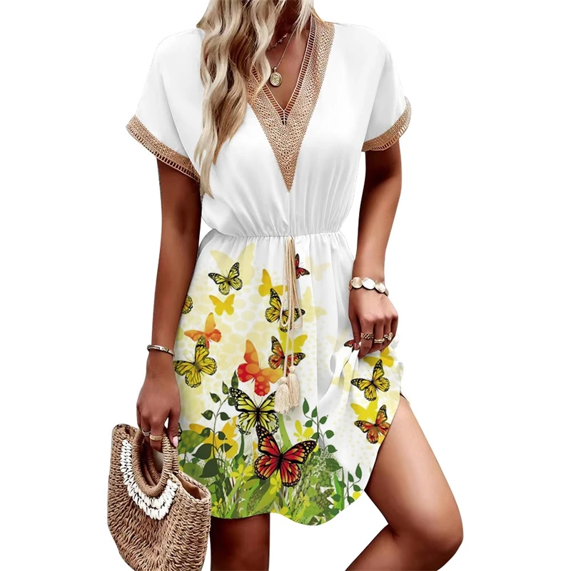 Robe imprimée florale à manches courtes, Sexy, décolleté en V profond, taille élastique, élégante, en coton doux, t-shirt