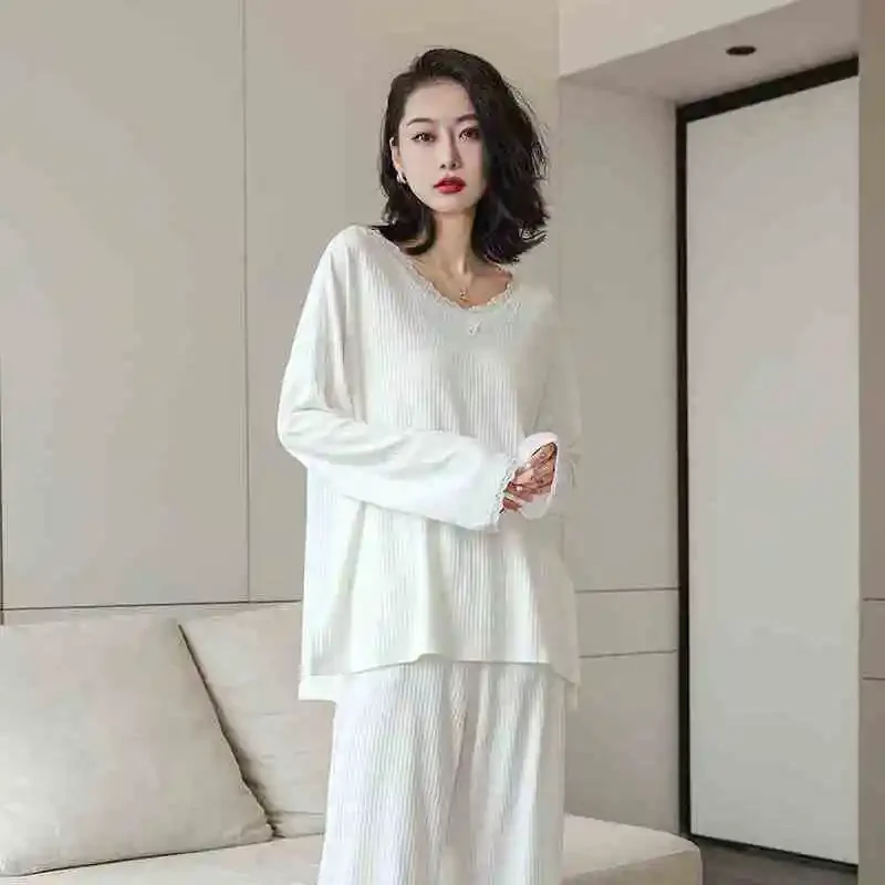 Plus Size Women Lace V Neck Ribbed Pajama Set Soft Solid Loose Loungewear For Home Outdoor