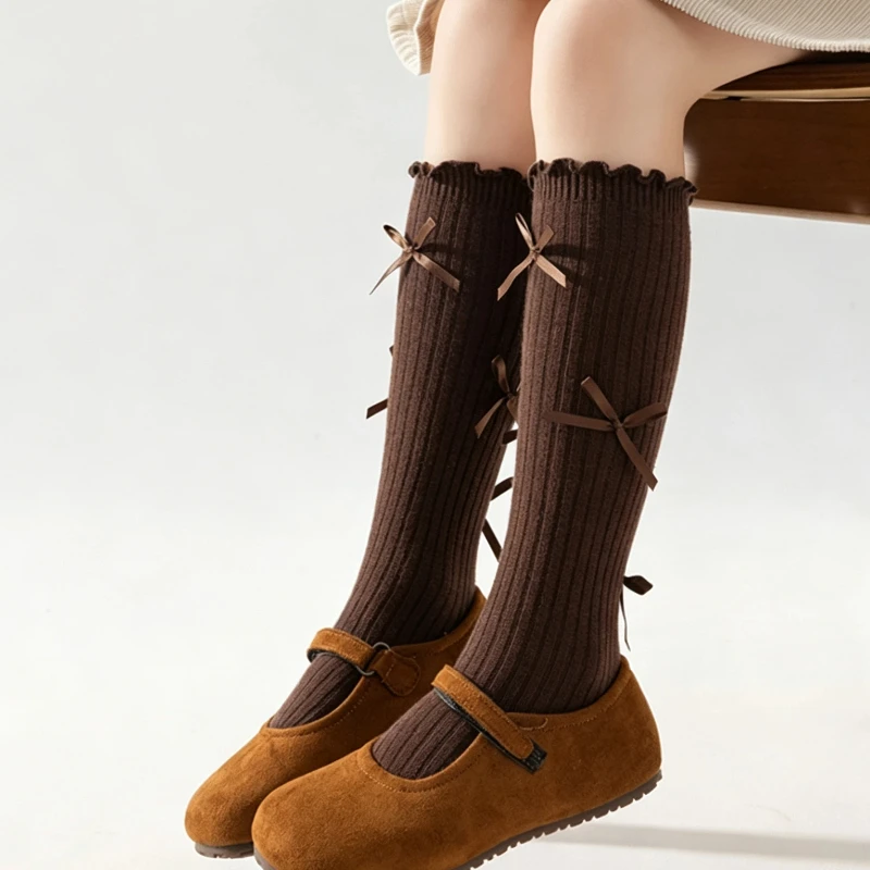 Lovely Kids Girls Lolita Mid Calf Socks Delicate Multi Ribbon Small Bows Pretty Ruffled Edge Comfortable Soft Elastic Stockings