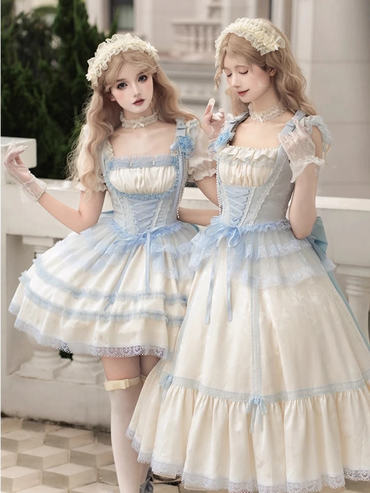 الأصلي الفرنسية نمط المحكمة الرجعية أنيقة الشاي حفلة لوليتا فستان طويل Jsk فتاة المرأة الحلو عالية الخصر سليم فستان قصير الأكمام #2