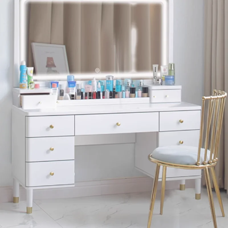 

Beige Led Mirror Vanity Table Makeup Nordic Wooden Unique White Vanity Makeup Desk Luxury Modern Coiffeuse Furniture For Bedroom