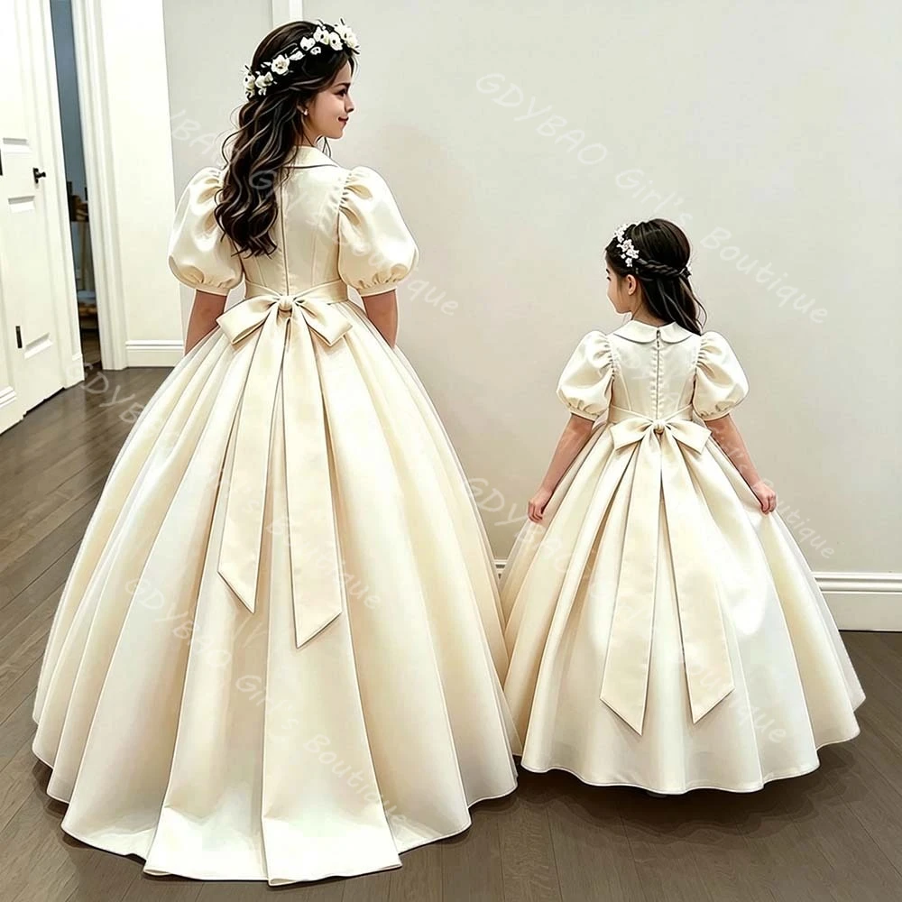 Flower Girl Dress for Wedding Party Toddlers High Neck Balloon Sleeves Ball Gown Pleated Satin First Communion Dress Custom image 2