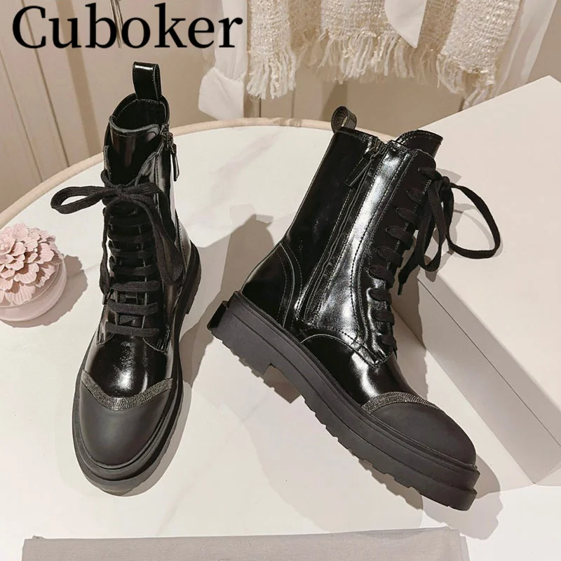 High Quality Women Suede Leather Boots Lace up Thick Sole Round toe Female Zip Ladies Motorcycle Short Boots Winter Women mujer