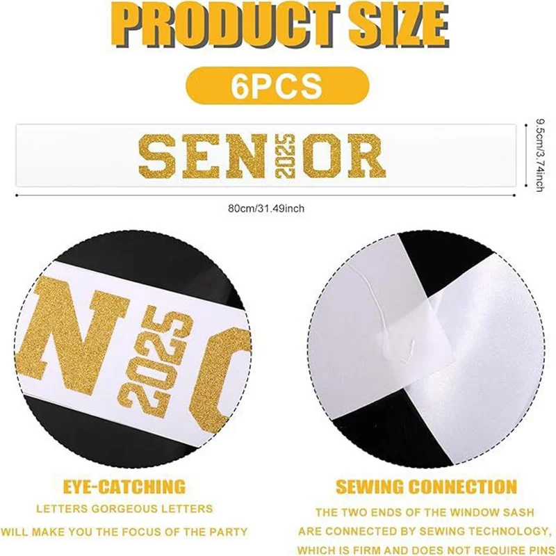 6 шт. белые атласные пояса для пожилых людей 2025 с золотыми блестящими буквами, украшения для пожилых людей 2025 года для празднования выпускников 2025 года