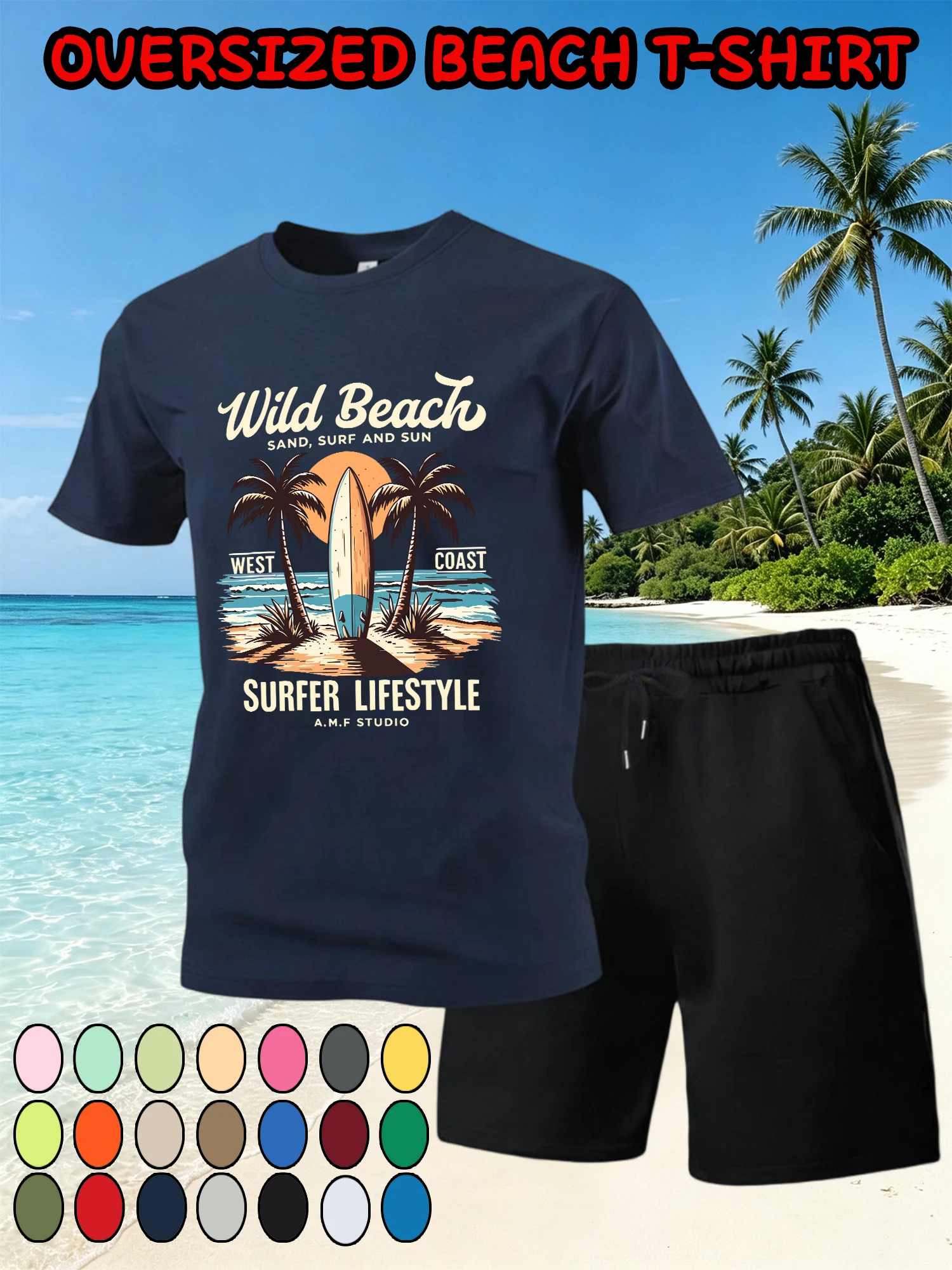 

Wild Beach West Coast Surfer Lifestyle Print Men T Shirts Suits Breathable Cotton T-Shirt Loose Drawstring Shorts Pocket Clothes