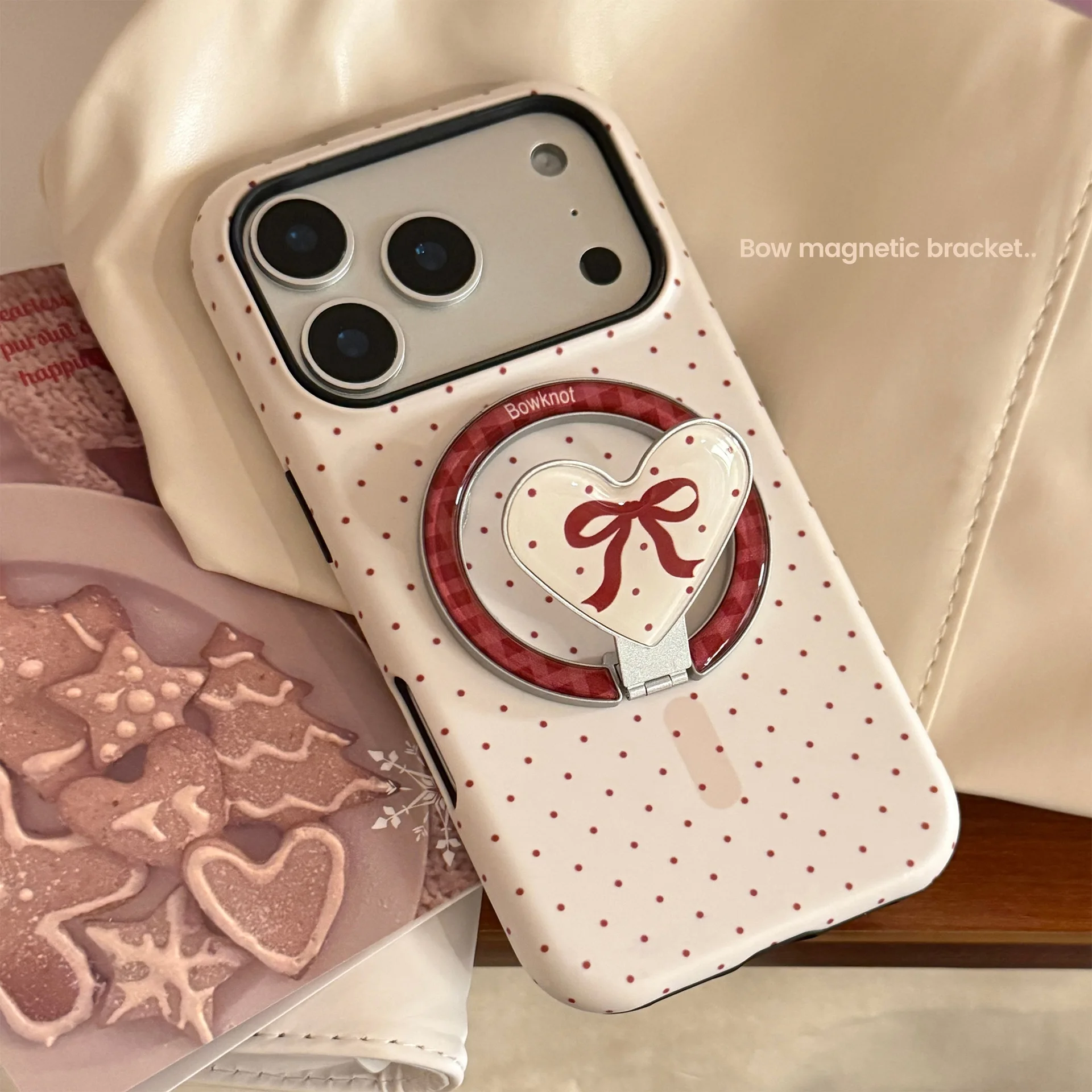 Koreanische Vollbild Polka Dot Falten Liebe Herz Magnetische Halter Telefon Fall Für iPhone 17 16 15 14 13 12 11 Pro Max stoßfest Abdeckung