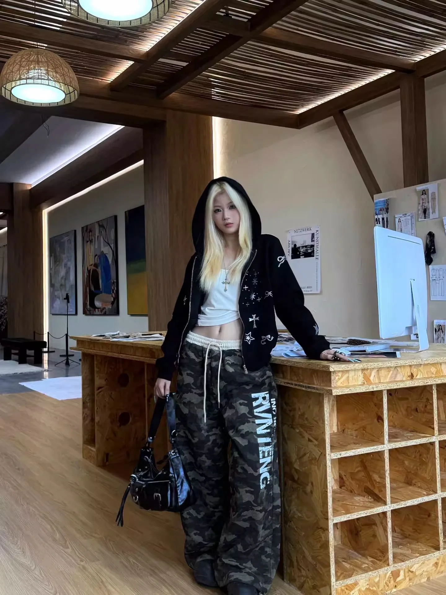 Y2K Streetwear Camouflage Baggy Pants Elastic Drawstring Waist Letter Print Loose Wide Leg Hip Hop Casual Trousers With Pockets