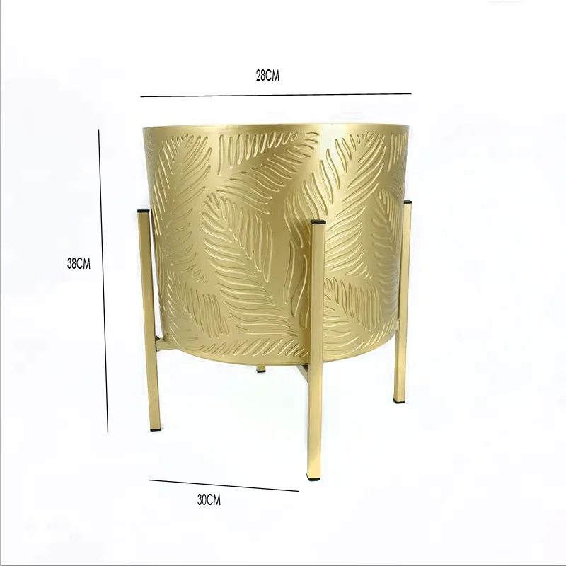 Modern Gold Iron Plant Rack Three-Piece Green Potted Flower Bucket Set Concave Pattern Design Round Flower Pot Holder