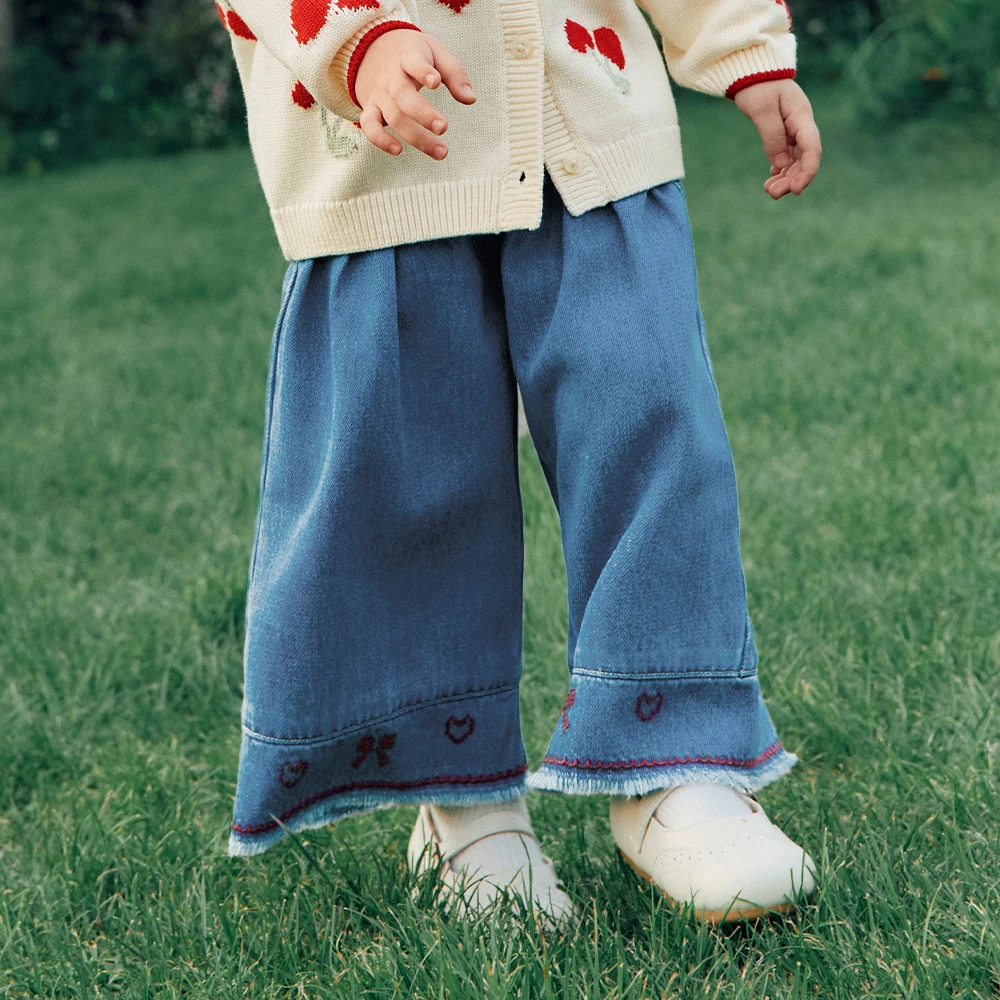 Dave Bella Jeans Denim Blue Autumn Children Wide Leg Pants Spring Straight Trousers Girls Clothes Casual Elastic Sweet DB3262665