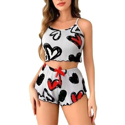 Pajama New Women's Fashion Set With Stylish Print Sweet Camisole And Shorts Heart-patterned Ladies' Loungewear YPA3