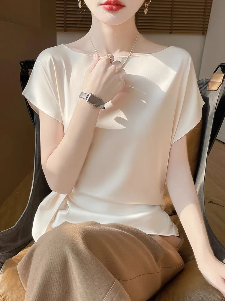 Faionable Acetato Raso di seta Allentato ort Sve Top monospalla per donna Ele Colore puro Estate Nuovo Sle Versatile Top