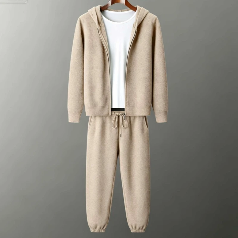 Men 100% Cashmere Knitted Tracksuit 2‑Piece Set Zip Up Hooded Cardigan + Drawstring Elastic Waist Harem Pants Casual Knit Outfit
