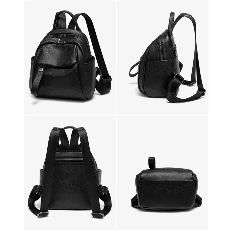 Women\'s Leather Backpack Genuine Leather Black Backpack for Laptop Travel Backpack Female with Handles