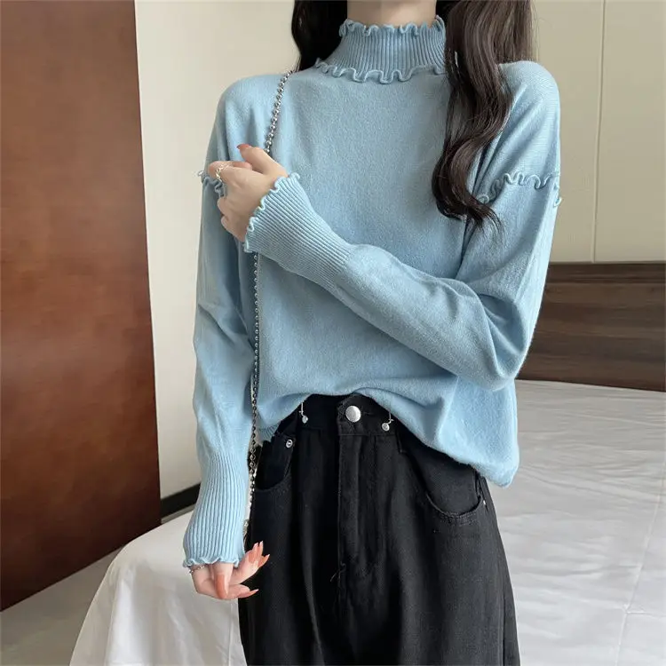 2023 Autumn/Winter Coat Overlay Top Foreign Style Slim Fit White Ear Edge Half High Collar Knitted Bottom Top
