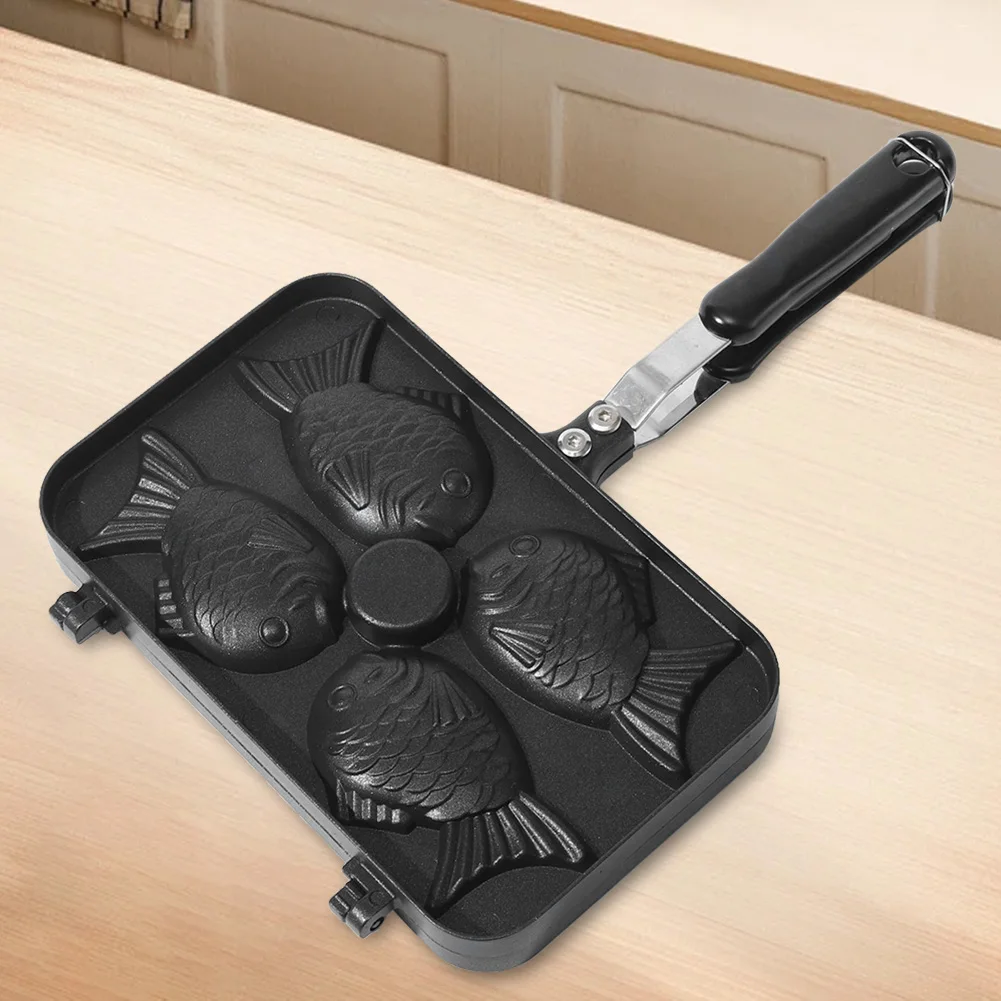 Four Fish Shaped Fry Pan Waffle Molds Non-Stick Taiyaki Baking Pan Kitchen DIY Takoyaki Cake Oven Breakfast Machine Waffle Maker