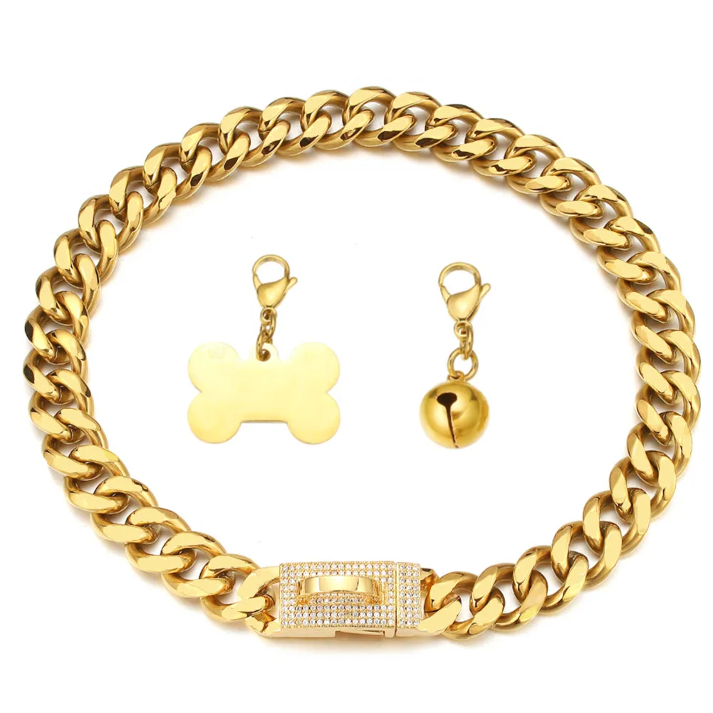 

Gold Tone Stainless Steel Curb Cuban Link Chain Dog Collar with ID Tag and Bell for French Bulldog Pitbull 15mm 19mm