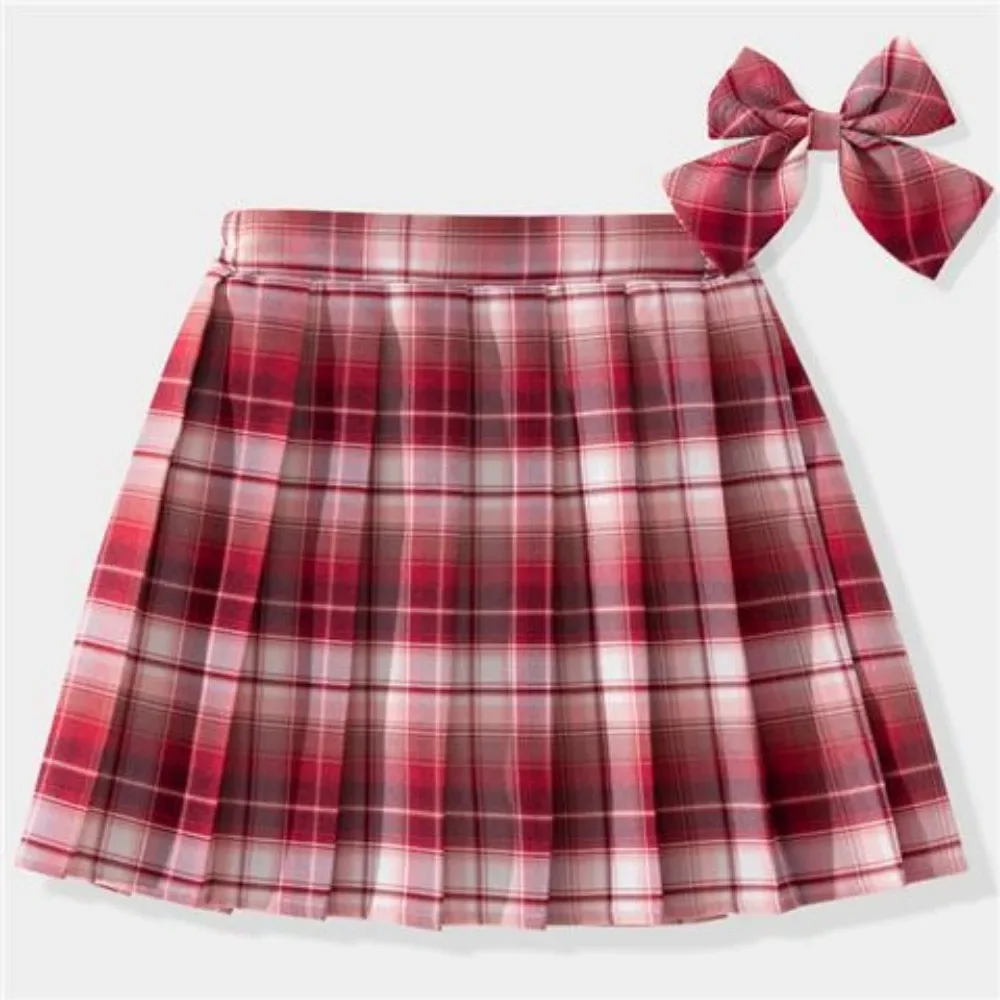 Bear Leader Korean Version New Girls Clothes Spring and Autumn Checkered Pleated Skirts Academy Style Kids Skirt + Bow