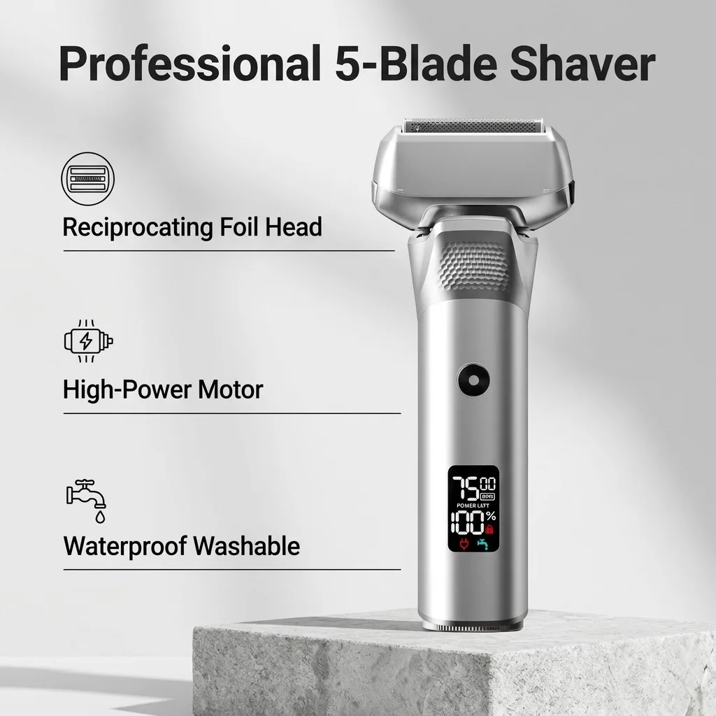 Electric Shaver for Men, 5-Blade Reciprocating Electric Razor with LCD Display, IPX7 Waterproof Wet & Dry Rechargeable Beard Trimmer, High Power Cordless Shaving Kit with Pop-up Trimmer