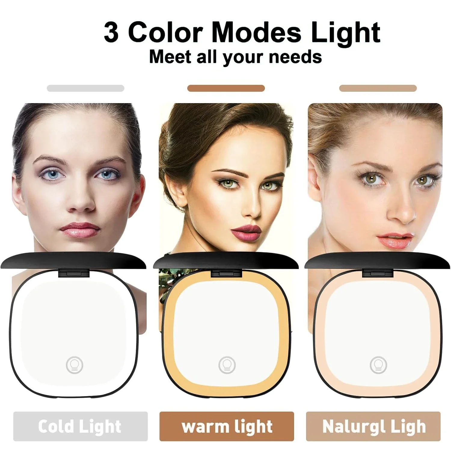 Oplaadbare zakspiegel, dubbelzijdige LED driekleurige aanraakbediening, compacte opvouwbare mini-reismake-upspiegel, 5x vergroting