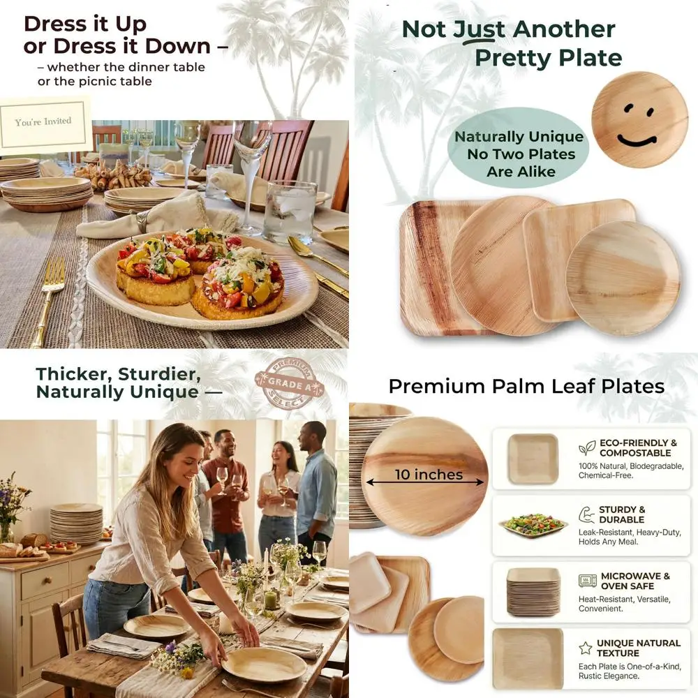 

100 Pack 10 Inch Round Compostable Palm Leaf Plates - Heavy Duty, Biodegradable, Eco-Friendly for Parties & Events