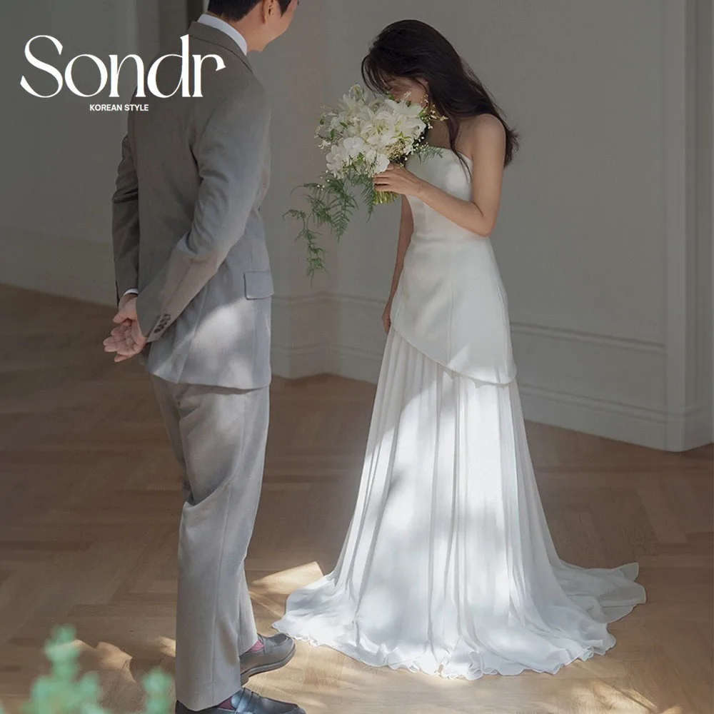 

Sondr Elegant Strapless Korean Wedding Dresses Chiffon and Jersey Customized A Line Simple Self-Wedding Dresses Photo Shoot