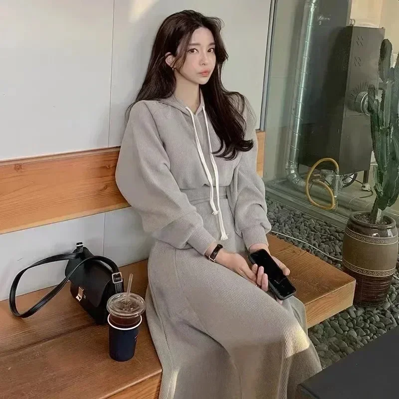 Spring/Autumn Korean Women\'s Skirt Two-piece Tweed Dress + Long Sleeve Sweater Cardigan Set Elegant Two-piece Set Mid Length