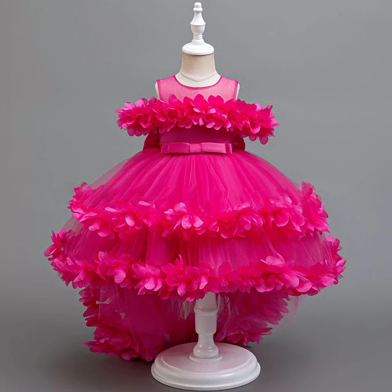 Girls one shoulder lace embroidered tailgown dress elegant beauty pageant competition tuxedo tulle girl party dress 3-8 years