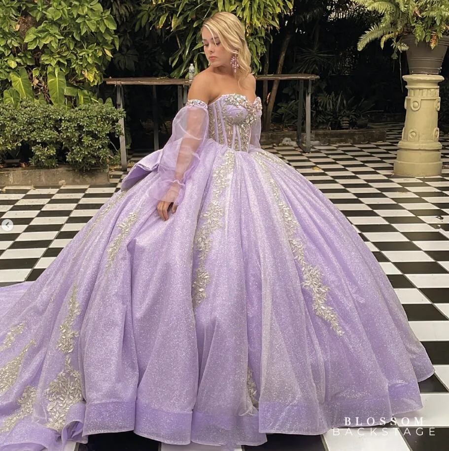 

Lilac Lavender Princess Quinceanera Dresses with Long Sleeve Gillter Crystal Corset Lace-up vestidos de 15 años Prom Sweet 16