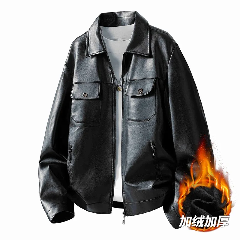 

Осенне-зимняя новая мужская и женская кожаная куртка в одном стиле с плюшевым толстым воротником, свободная теплая модная однотонная куртка для мужчин