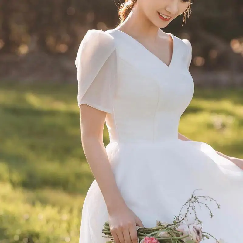 New Simple Wedding Dress For Women Classic V-neck A Line Bridal Dresses With Short Sleeve Elegant Long Party Dress Customized