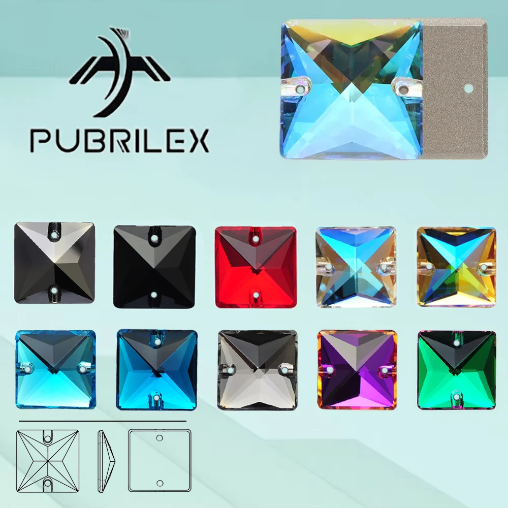 PUBRILEX Square Glass Sew On Rhinestones Colorful Flatback Edges With Chamfers DIY Home Decorations Crystal Accessories Stones