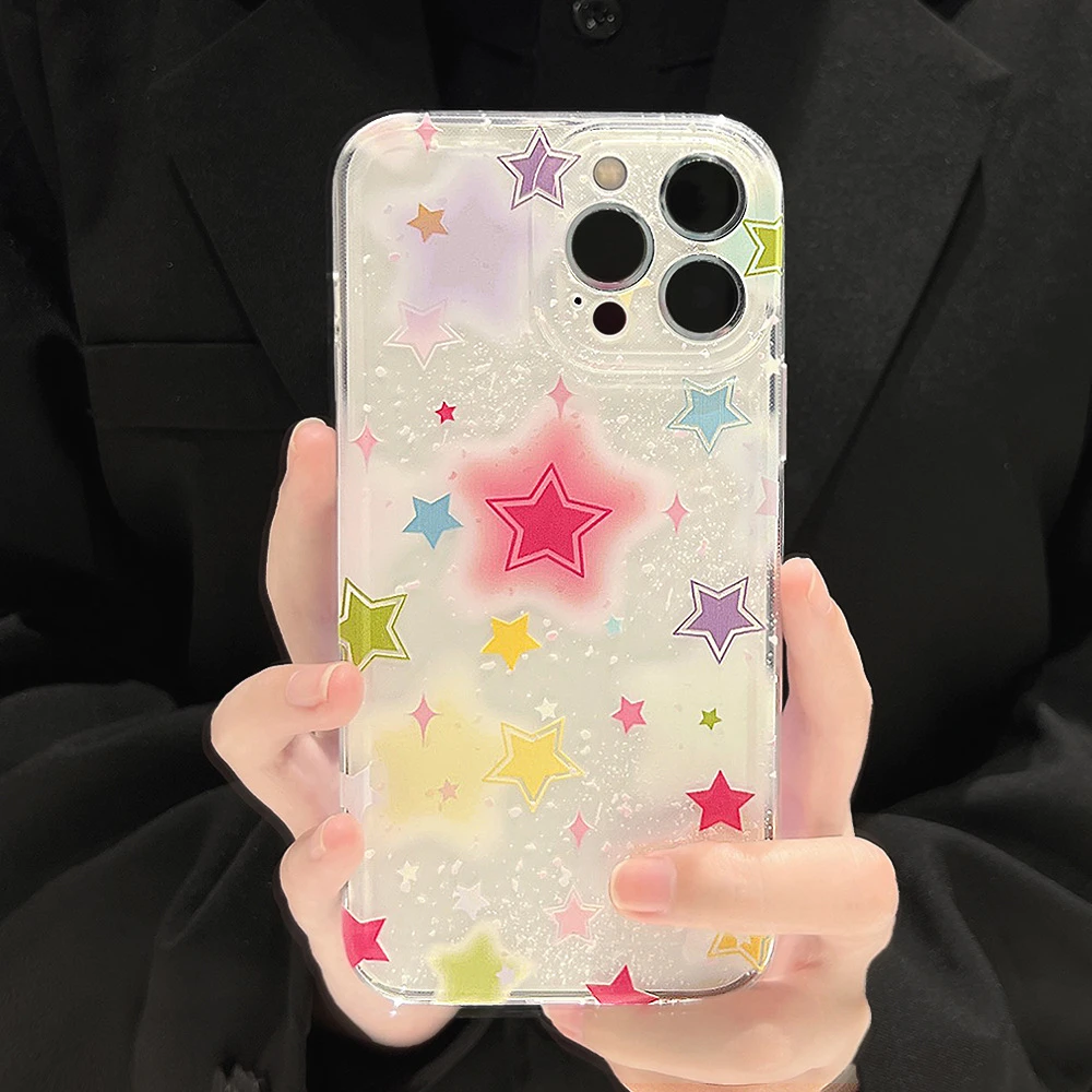 Korea Cute Gradient Star Clear Phone Case For iPhone 15 14 13 12 11 Pro Max Mini X XR 7 8 Plus SE 3 Shockproof Soft Cover Funda