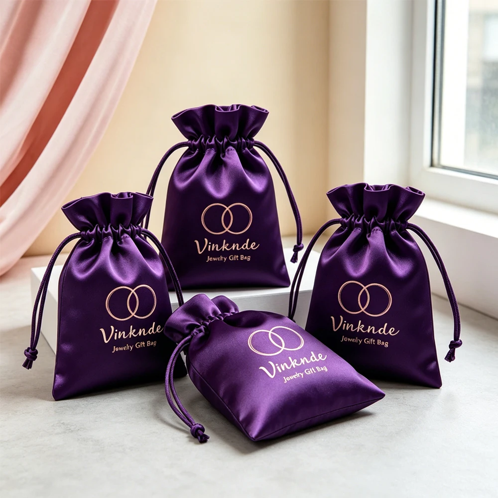 

50Pcs Purple Satin Drawstring Bag Wedding Gift Bags Jewelry Rings Earrings Cosmetic Pouch With Custom Logo Printed Silk Pouches
