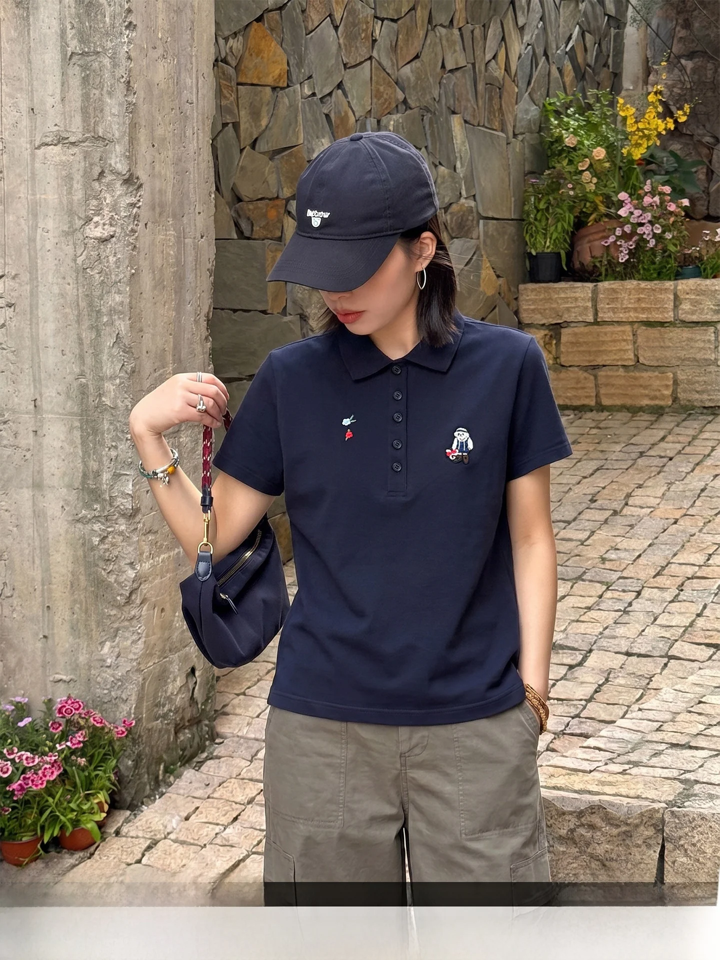 

New Summer Women's Short Sleeve Shirt Embroidered Beibei Dark Blue Turn-down Collar Slim Fit T-shirt Casual Business Wear