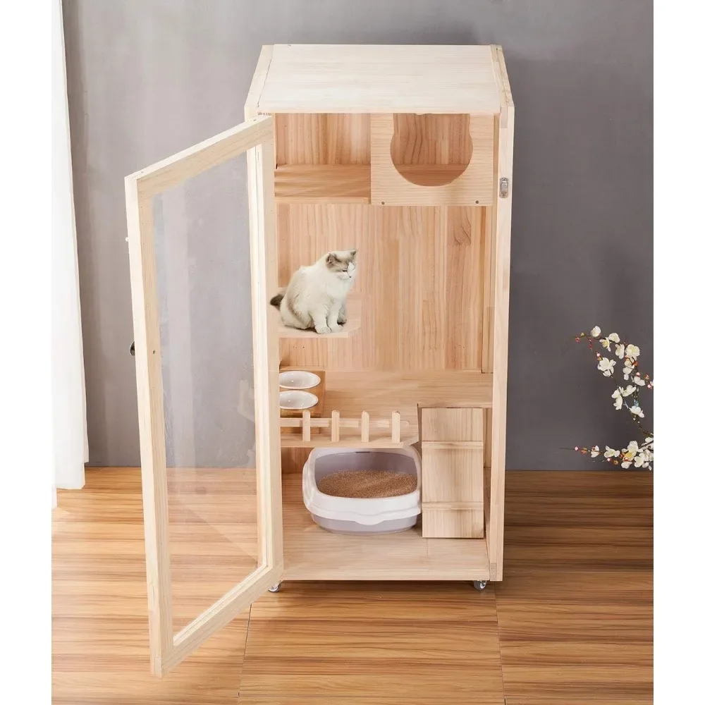 Wooden Cats House, Large Cat Condo for Indoor and Outdoor Cats, Multi-Feature Luxury Cat Villa,  Cat Enclosure forCats and Breed