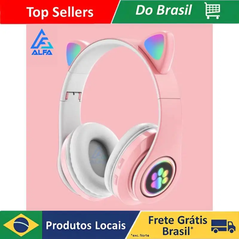 Fone De Ouvido Orelha Gato Bluetooth F23M Led RGB Iuz Headphone