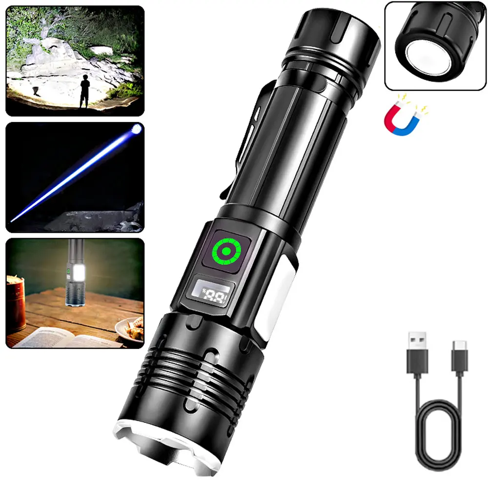 High Lumens Rechargeable Flashlight with Magnetic Bright Flash Light 9 Modes COB Side Light Zoom Tactical Flashlight for Camping